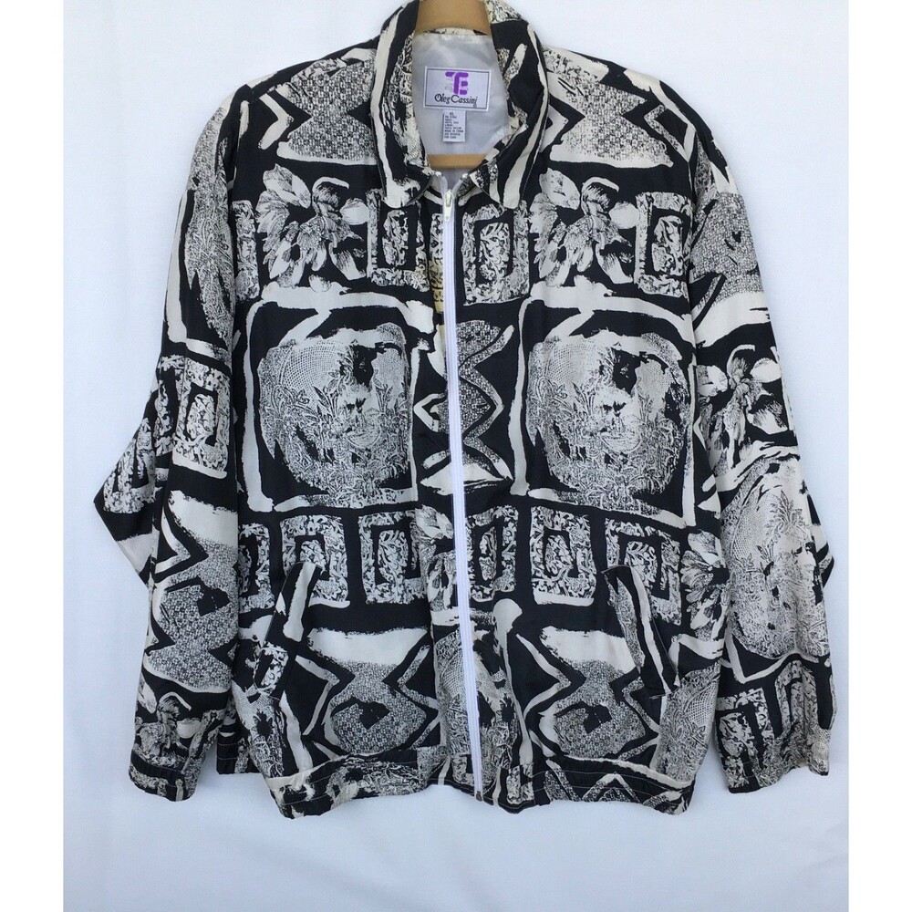 Vintage 90"s Oleg Cassini  Women's XL  Abstract Black And White Silk Windbreaker